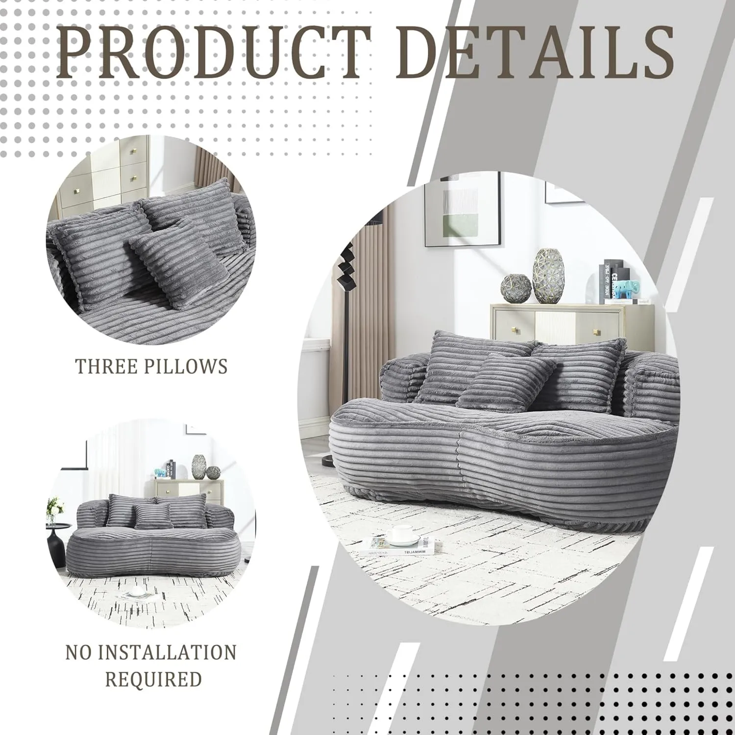 Bean Bag Sofa, 64'' W Large Lounger Lazy Loveseat Chair with 2 Pillows & Wrap-Around Backrest, Chenille Fabric Accent Floor Soft Lounge Chair for Living Room/Bedroom (Dark Gray & Style 3)