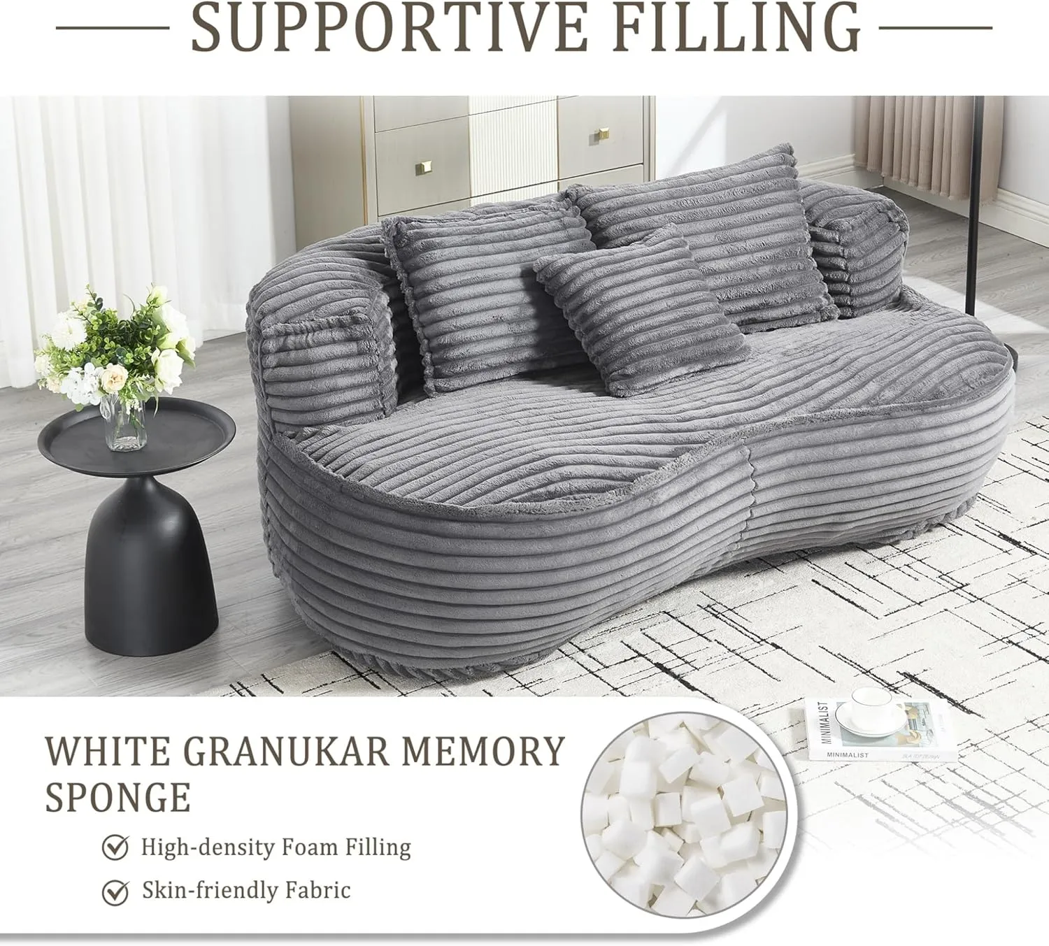 Bean Bag Sofa, 64'' W Large Lounger Lazy Loveseat Chair with 2 Pillows & Wrap-Around Backrest, Chenille Fabric Accent Floor Soft Lounge Chair for Living Room/Bedroom (Dark Gray & Style 3)