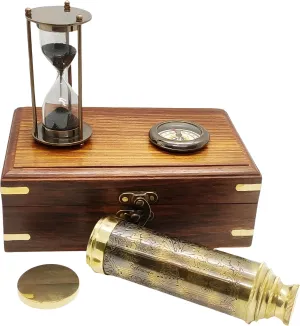 Beautiful Set of 3 Gift Box Contain Engraved Handmade Telescope Compass and Hourglass, Unisex Gift, Gift for Hikers Gift for Christmas, Collectibles and Nautical Gift