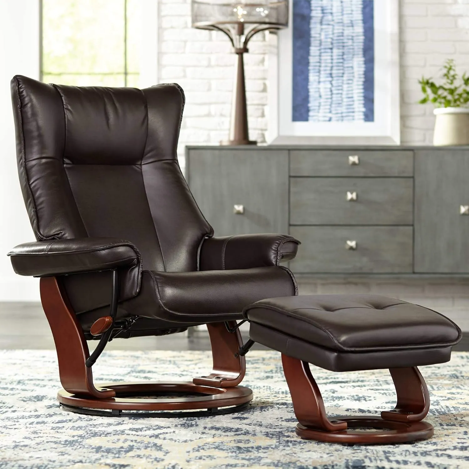 Benchmaster Morgan Java Swivel Faux Leather Recliner Chair with Ottoman Modern Armchair Ergonomic Push Manual Reclining Footrest Upholstered Bedroom Living Room Reading Home Relax Office Napping
