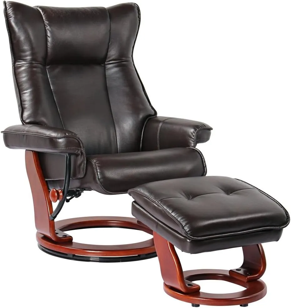 Benchmaster Morgan Java Swivel Faux Leather Recliner Chair with Ottoman Modern Armchair Ergonomic Push Manual Reclining Footrest Upholstered Bedroom Living Room Reading Home Relax Office Napping