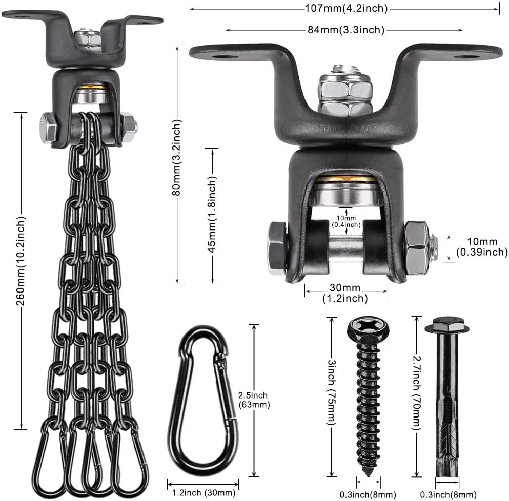 BeneLabel Heavy Duty Boxing Punching Bag Hanger with Chain, 800 LB Capacity, 360° Rotation Wood Beam Holder with 4 Chains and 4 Carabiners, 2 Wood Screws for Wooden Sets