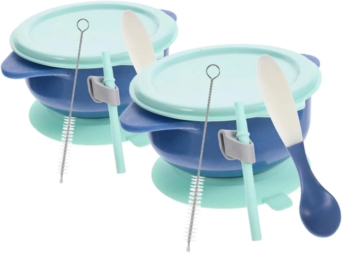 BESPORTBLE 2 Sets Suction Bowls with Lids Unbreakable Cereal Bowls and Ergonomic Design Portable Easy to Clean Leak Bright Color Includes Spoons and Straws