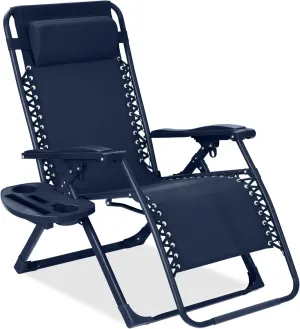 Best Choice Products Adjustable Zero Gravity Chair, Monochromatic Color Folding Patio Recliner w/Side Tray, Headrest - Navy