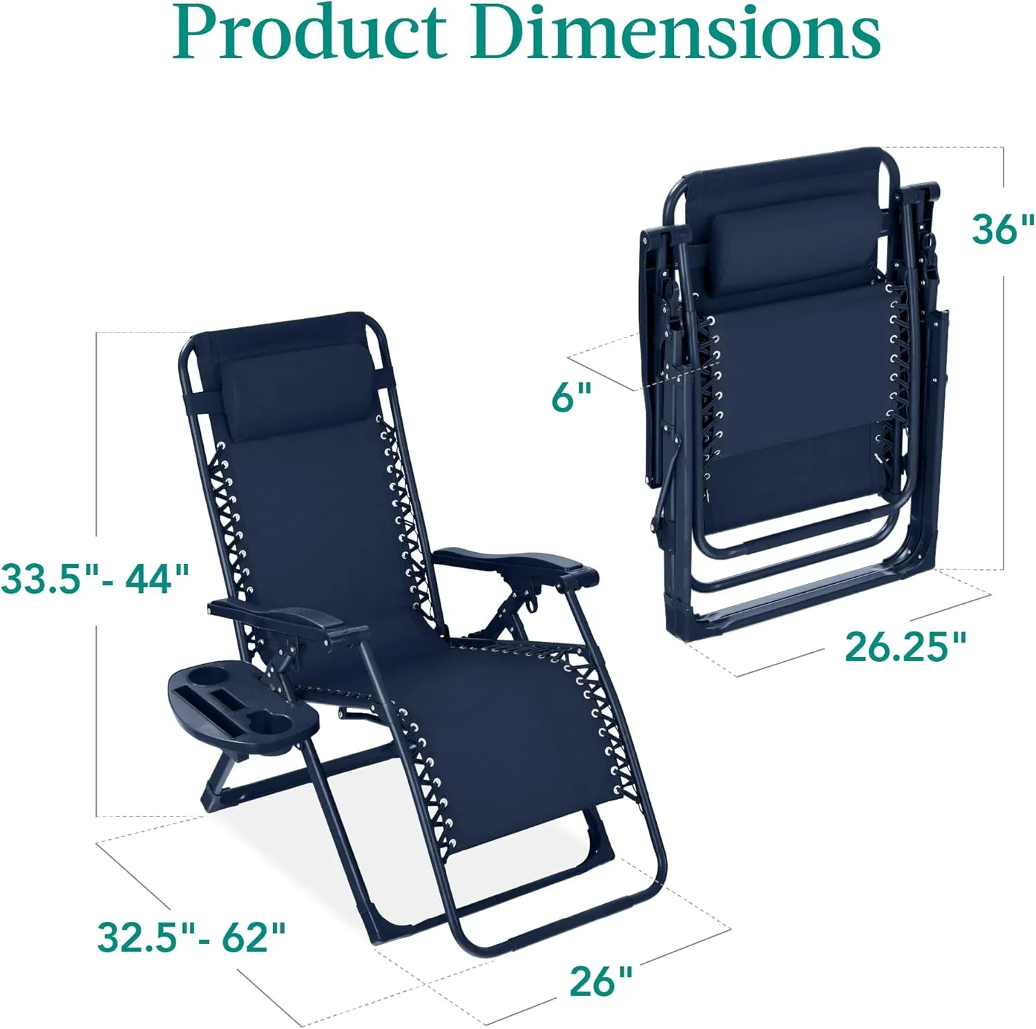 Best Choice Products Adjustable Zero Gravity Chair, Monochromatic Color Folding Patio Recliner w/Side Tray, Headrest - Navy