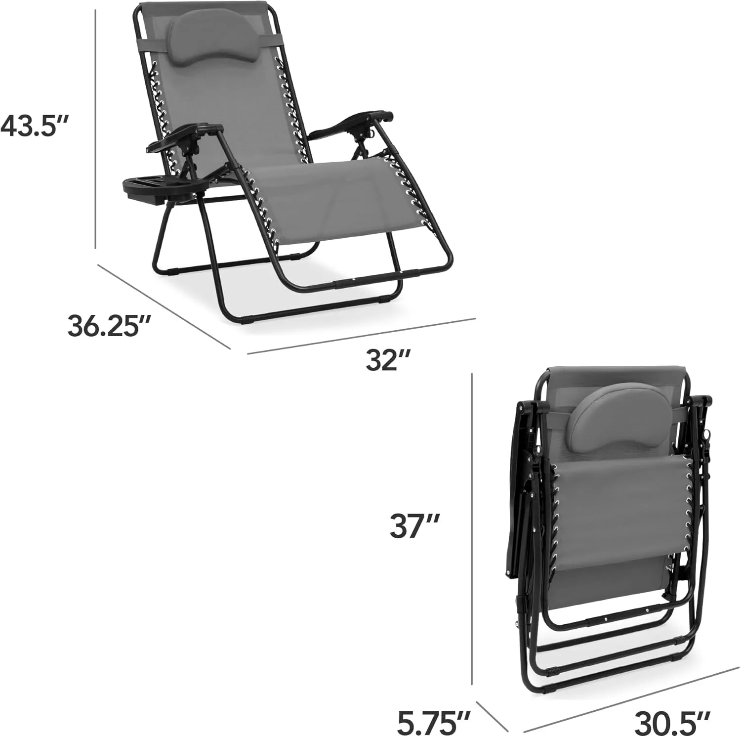 Best Choice Products Oversized Zero Gravity Chair, Folding Outdoor Patio Lounge Recliner w/Cup Holder Accessory Tray, Pillow - Ice Gray