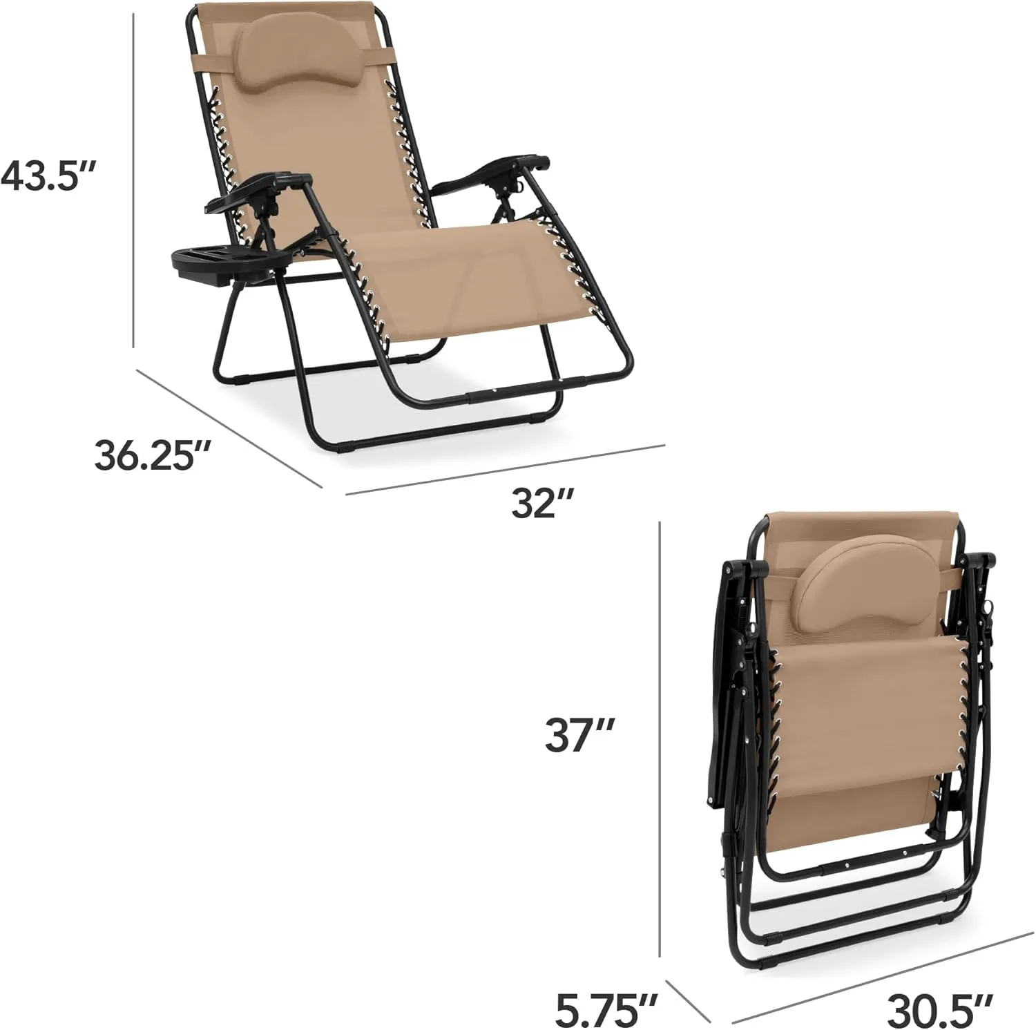 Best Choice Products Oversized Zero Gravity Chair, Folding Outdoor Patio Lounge Recliner w/Cup Holder Accessory Tray, Pillow - Tan