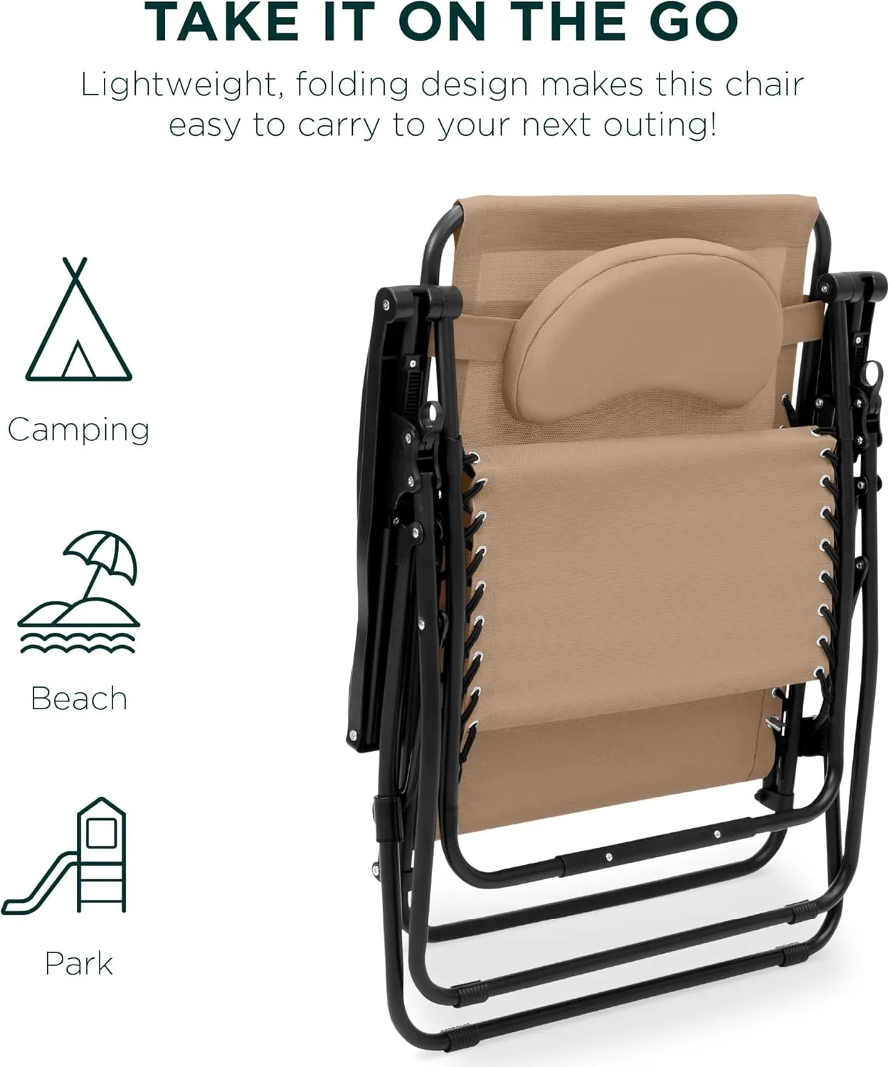 Best Choice Products Oversized Zero Gravity Chair, Folding Outdoor Patio Lounge Recliner w/Cup Holder Accessory Tray, Pillow - Tan