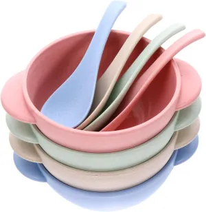 BESTonZON 4 Sets Wheat Straw Bowls Break Resistant Tableware with Spoon Lightweight Feeding Bowls for Dishwasher Safe for Mealtime