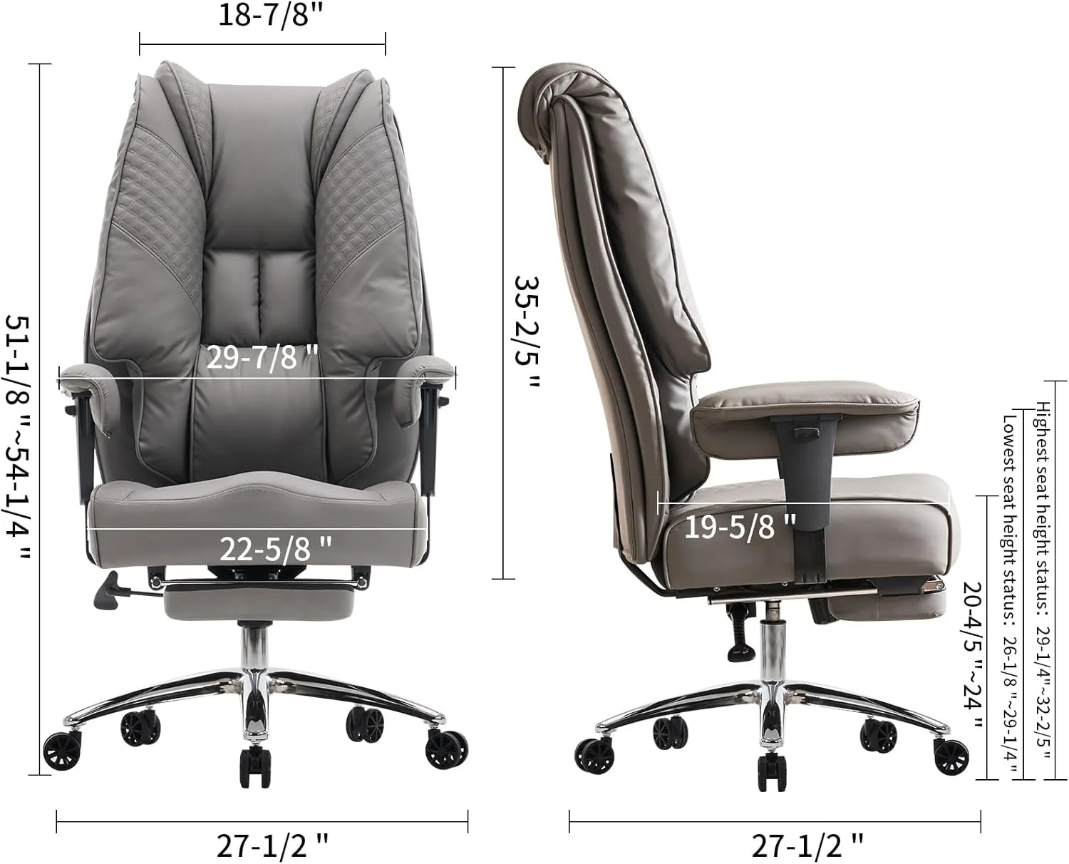 Big and Tall Office Chair 400lbs Wide Seat, Leather High Back Executive Office Chair with Foot Rest, Ergonomic Chairs Lumbar Support for Lower Back Pain Relief (Grey)