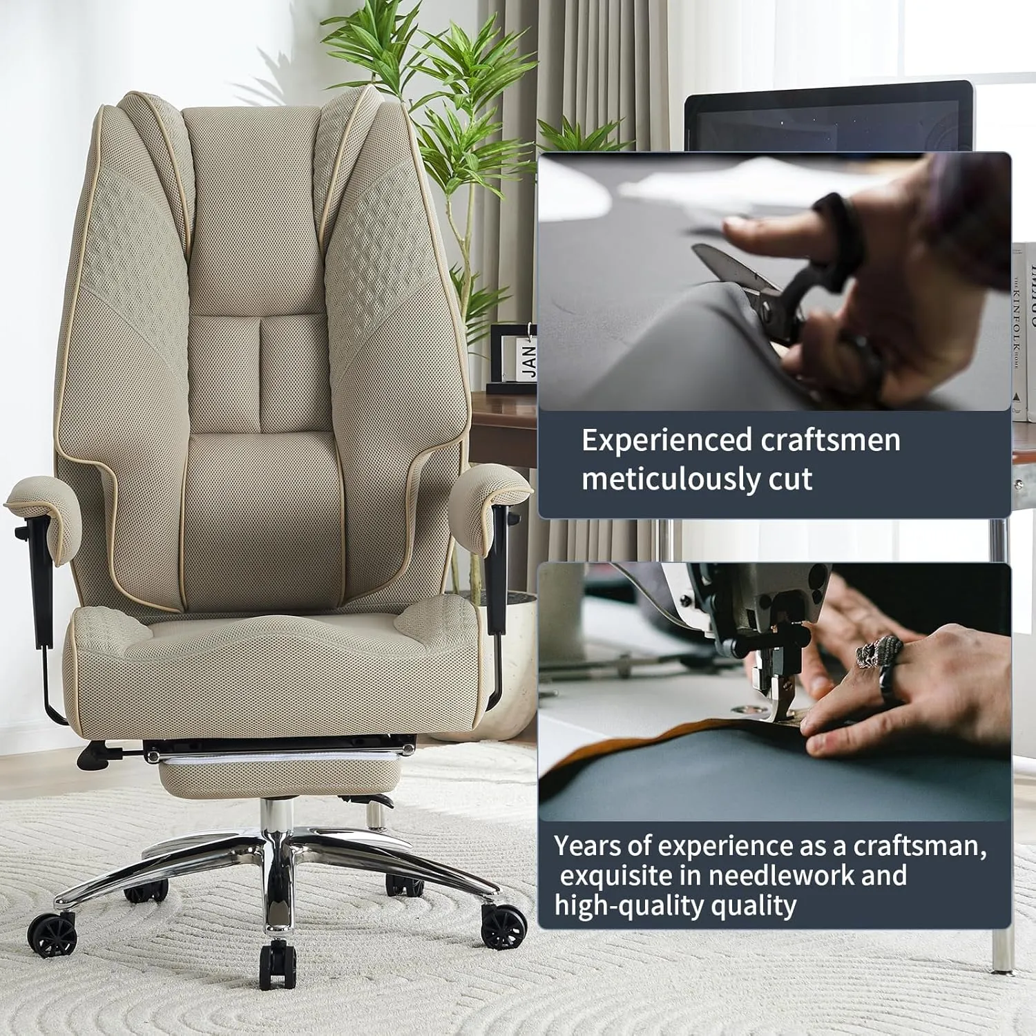 Big and Tall Office Chair 400lbs Wide Seat, Leather High Back Executive Office Chair with Foot Rest, Ergonomic Chairs Lumbar Support for Lower Back Pain Relief (Mesh Dark Beige)