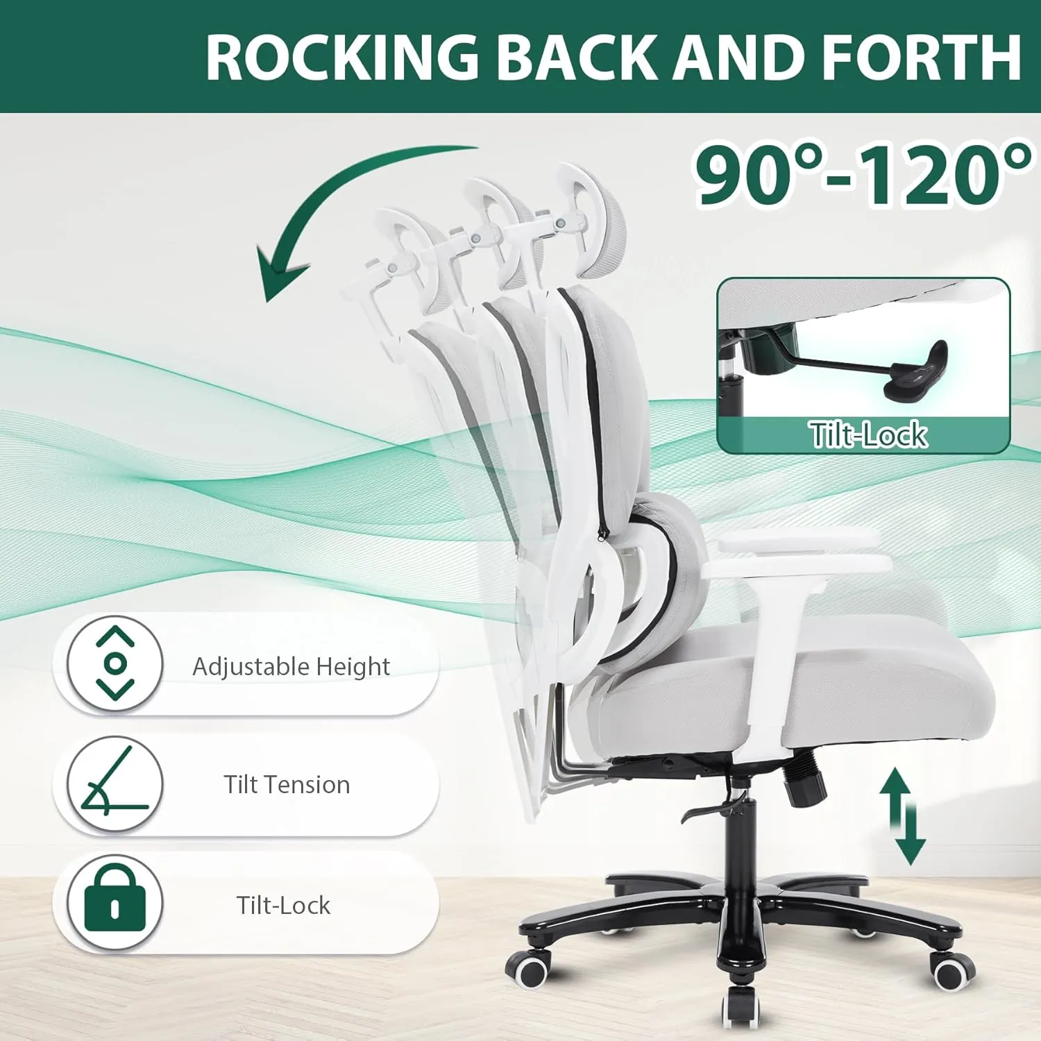 Big and Tall Office Chair 500lbs, Ergonomic High Back Desk Chair with 3D Flip-Up Armrests, Adjustable Headrest & Lumbar Support, Mesh Reclining Chair for Home Office (White)
