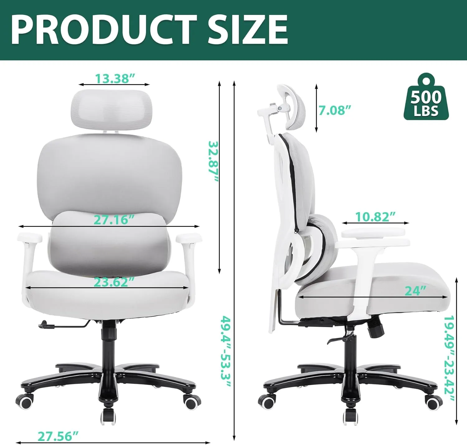 Big and Tall Office Chair 500lbs, Ergonomic High Back Desk Chair with 3D Flip-Up Armrests, Adjustable Headrest & Lumbar Support, Mesh Reclining Chair for Home Office (White)
