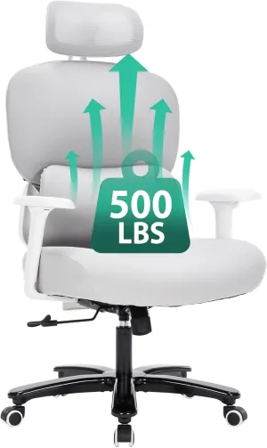 Big and Tall Office Chair 500lbs, Ergonomic High Back Desk Chair with 3D Flip-Up Armrests, Adjustable Headrest & Lumbar Support, Mesh Reclining Chair for Home Office (White)