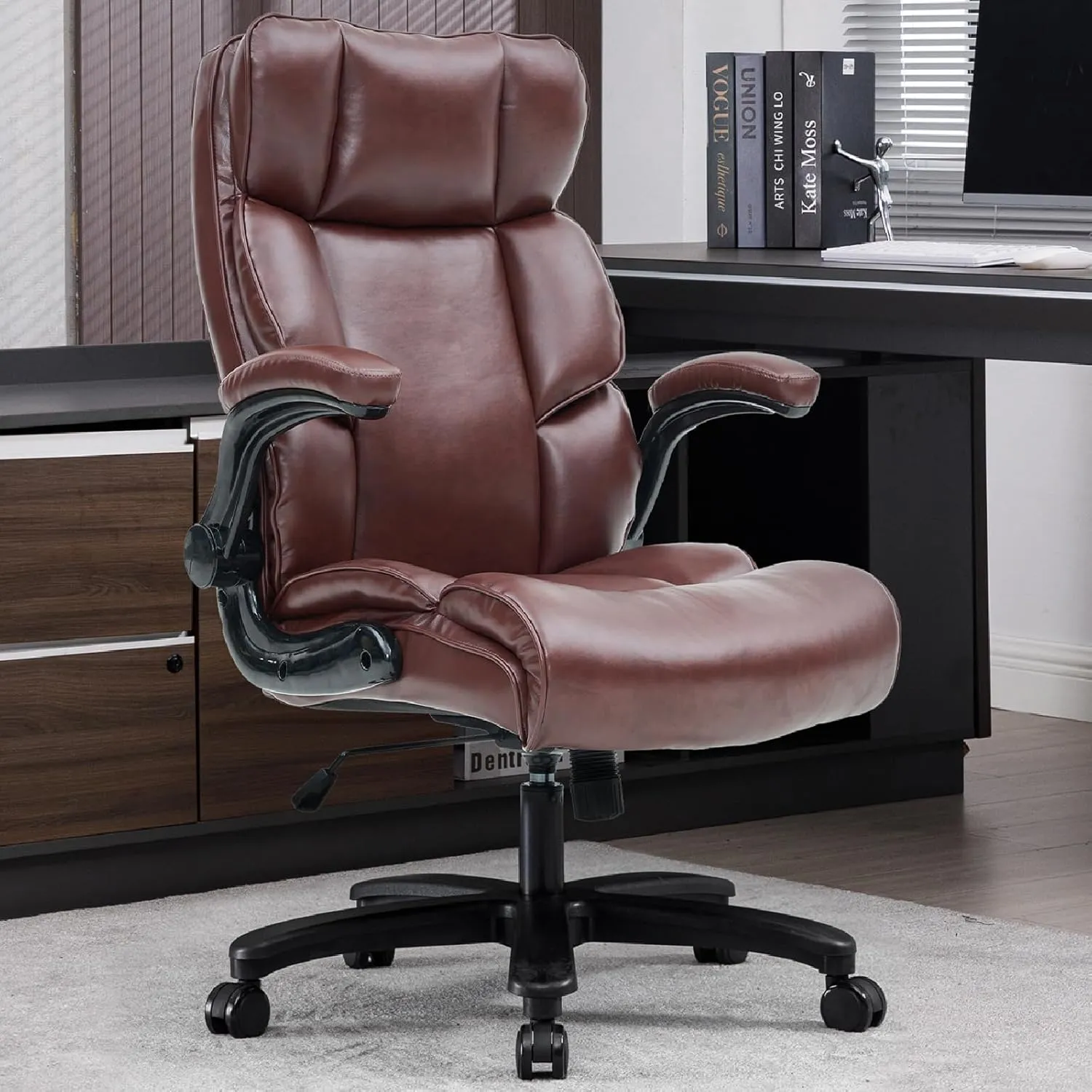 Big and Tall Office Chair 500lbs Wide Seat Executive Office Desk Chair High-Back Office Task Chair with Flip-Up Armrest, Ergonomic Lumbar Support Computer Office Chairs for Heavy People(Brown)
