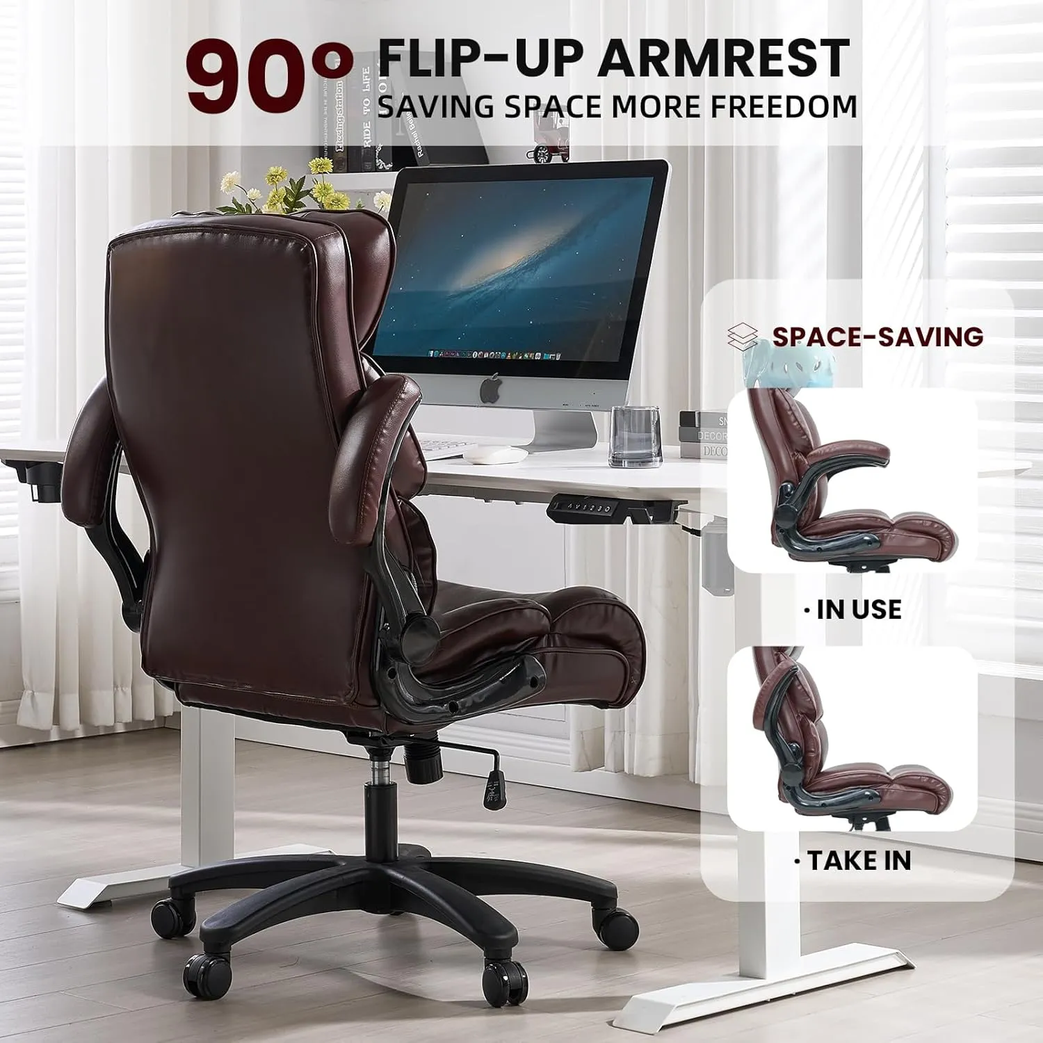 Big and Tall Office Chair 500lbs Wide Seat Executive Office Desk Chair High-Back Office Task Chair with Flip-Up Armrest, Ergonomic Lumbar Support Computer Office Chairs for Heavy People(Brown)
