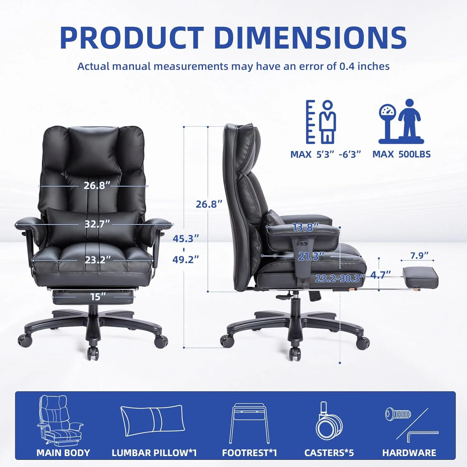 Big and Tall Office Chair 500lbs Wide Seat Executive Office Desk Chair High-Back Office Task Chair with Foot Rest, Ergonomic Lumbar Support Computer Office Chairs for Heavy People(Black)