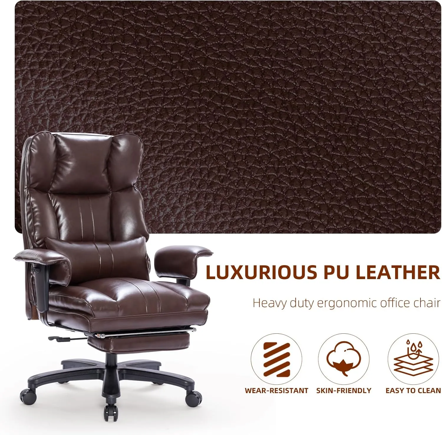Big and Tall Office Chair 500lbs Wide Seat Executive Office Desk Chair High-Back Office Task Chair with Foot Rest, Ergonomic Lumbar Support Computer Office Chairs for Heavy People(Brown)