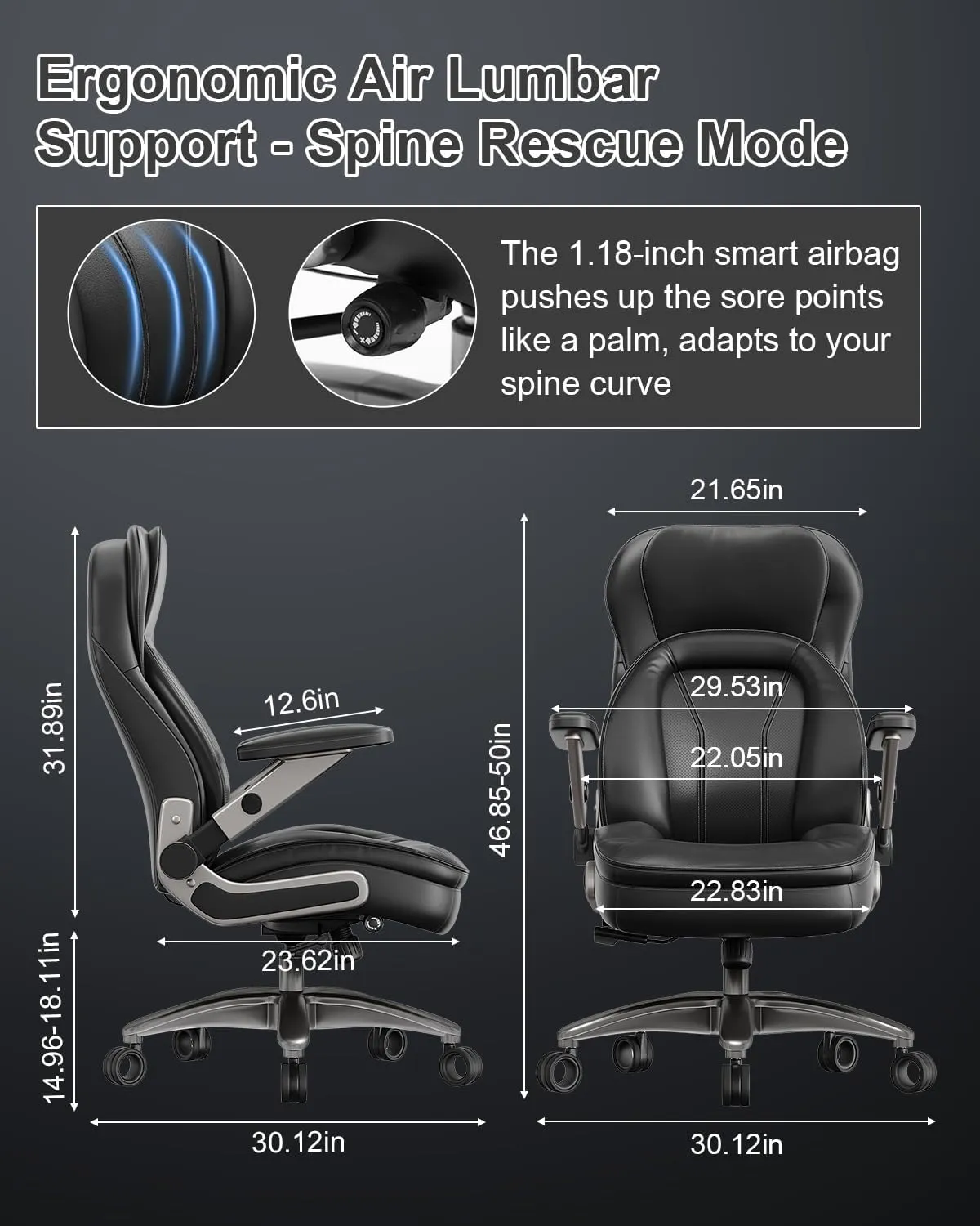 Big and Tall Office Chair, 600lbs Heavy Duty Desk Chair with 5D Arms and Adjustable Lumbar Support, PU Leather High Back Ergonomic Executive Home Office Computer Chair with 3'' Silent Casters