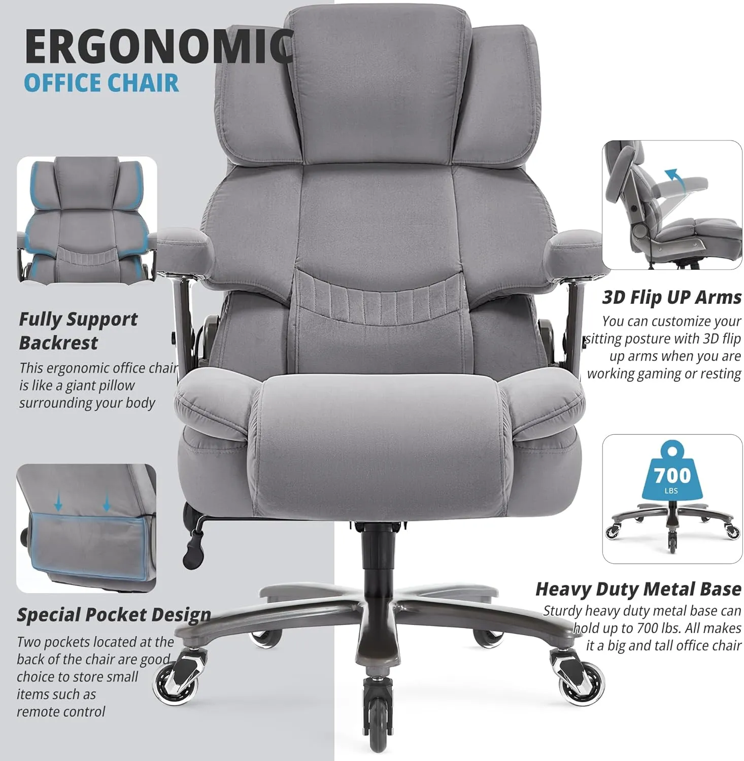 Big and Tall Office Chair 700lbs- Fabric High Back Executive Computer Chair with Adjustable Lumbar Support 3D Flip Arms Plus Size Rubber Wheels- Extra Wide Large Desk Chairs, Heavy Duty Metal Base