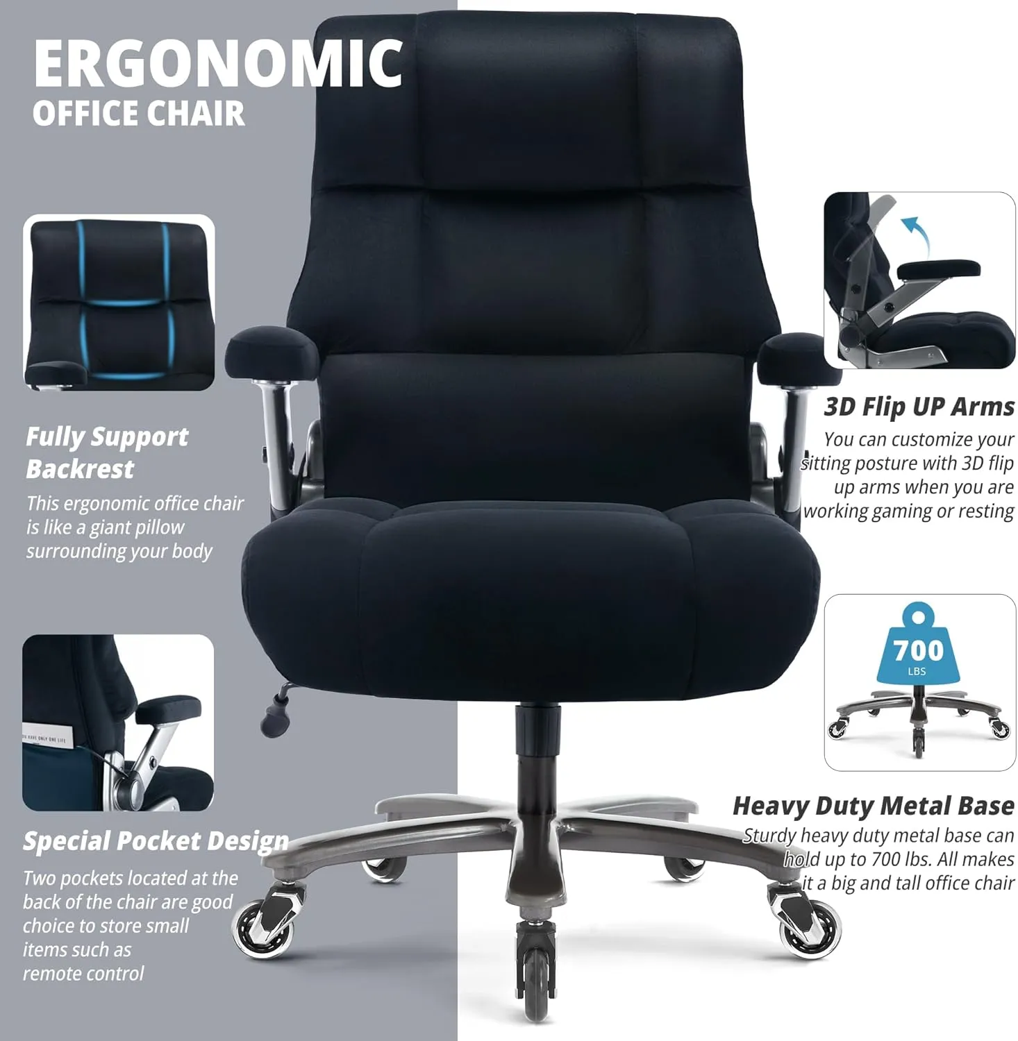 Big and Tall Office Chair 700lbs- Fabric High Back Executive Computer Chair with Adjustable Lumbar Support 3D Flip Arms Plus Size Rubber Wheels- Extra Wide Large Desk Chairs, Heavy Duty Metal Base