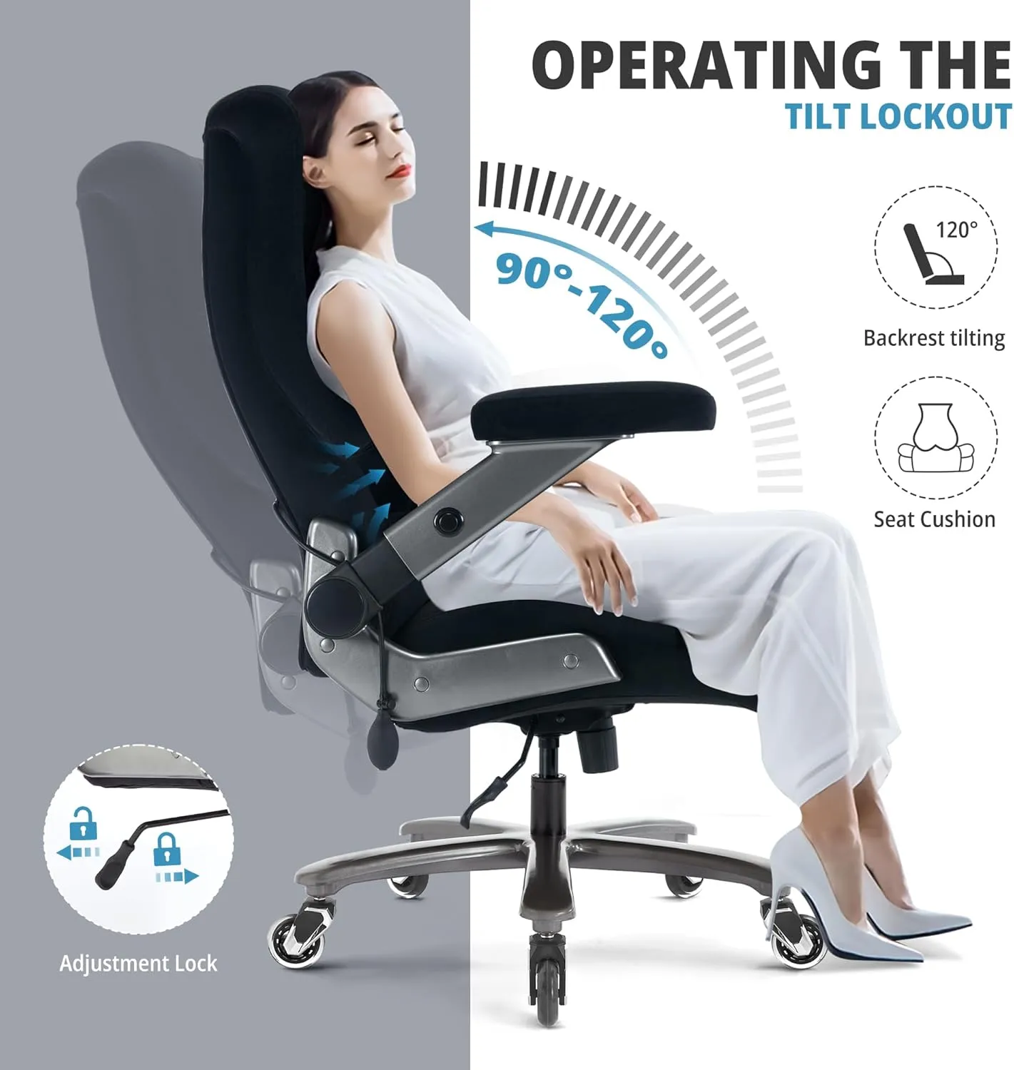 Big and Tall Office Chair 700lbs- Fabric High Back Executive Computer Chair with Adjustable Lumbar Support 3D Flip Arms Plus Size Rubber Wheels- Extra Wide Large Desk Chairs, Heavy Duty Metal Base