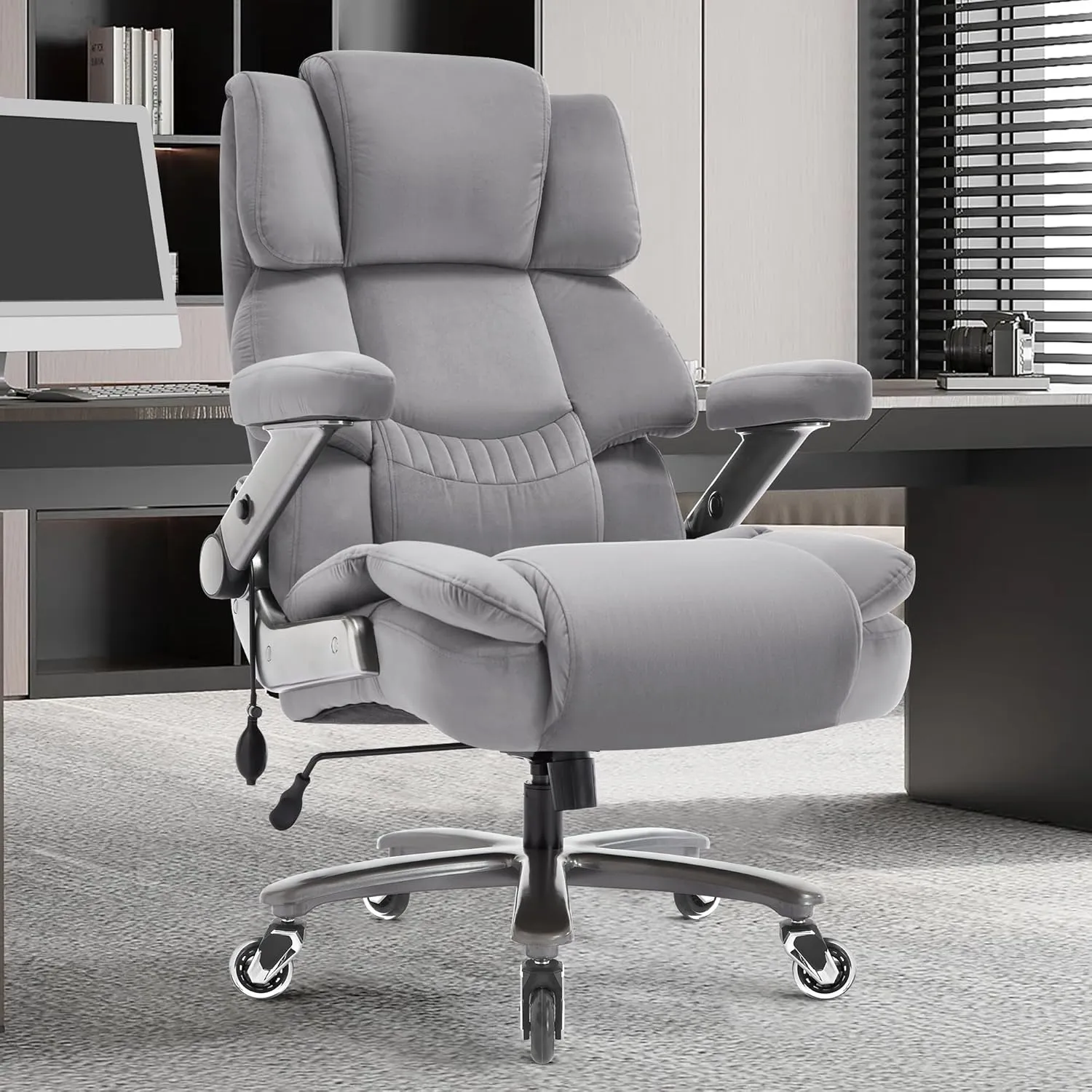 Big and Tall Office Chair 700lbs- Fabric High Back Executive Computer Chair with Adjustable Lumbar Support 3D Flip Arms Plus Size Rubber Wheels- Extra Wide Large Desk Chairs, Heavy Duty Metal Base