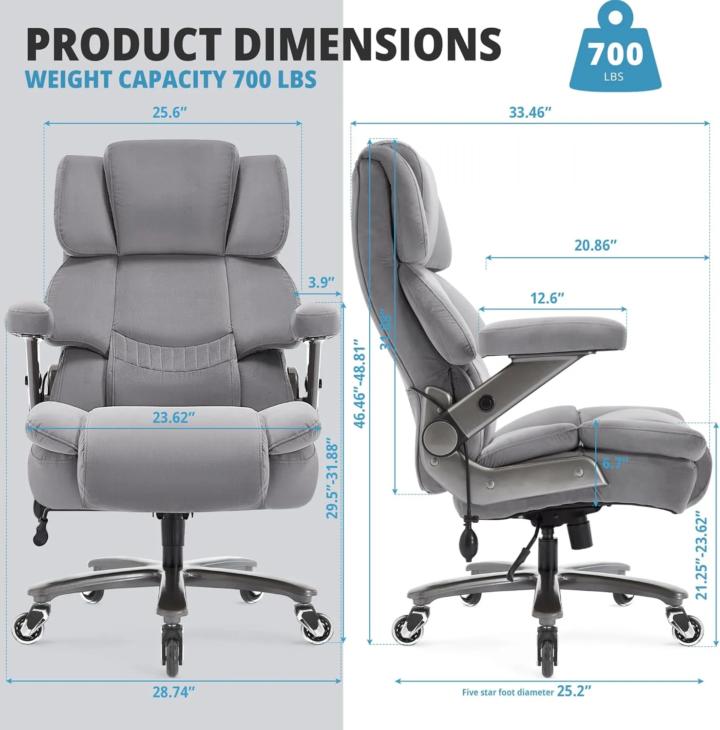 Big and Tall Office Chair 700lbs- Fabric High Back Executive Computer Chair with Adjustable Lumbar Support 3D Flip Arms Plus Size Rubber Wheels- Extra Wide Large Desk Chairs, Heavy Duty Metal Base