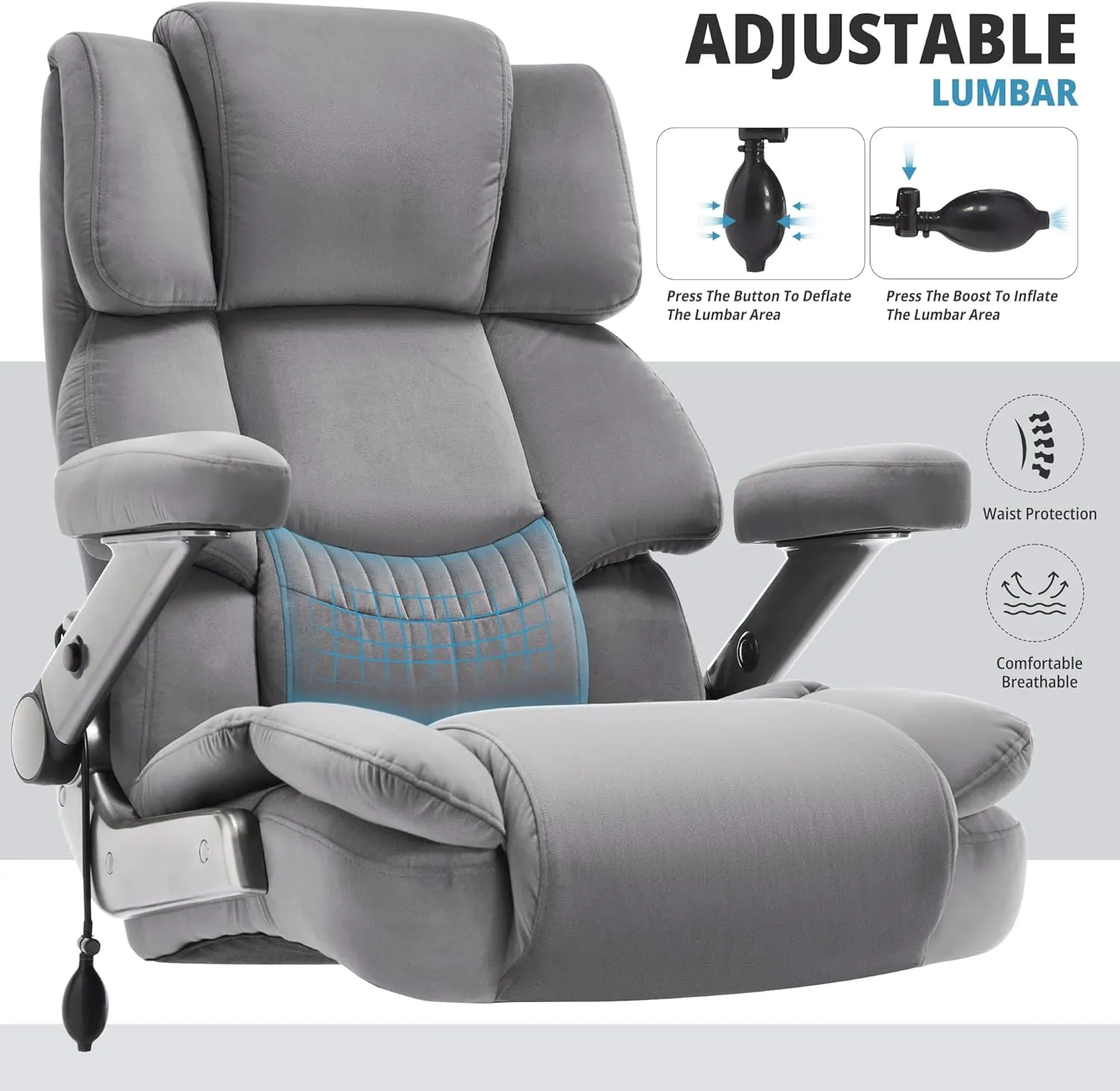 Big and Tall Office Chair 700lbs- Fabric High Back Executive Computer Chair with Adjustable Lumbar Support 3D Flip Arms Plus Size Rubber Wheels- Extra Wide Large Desk Chairs, Heavy Duty Metal Base