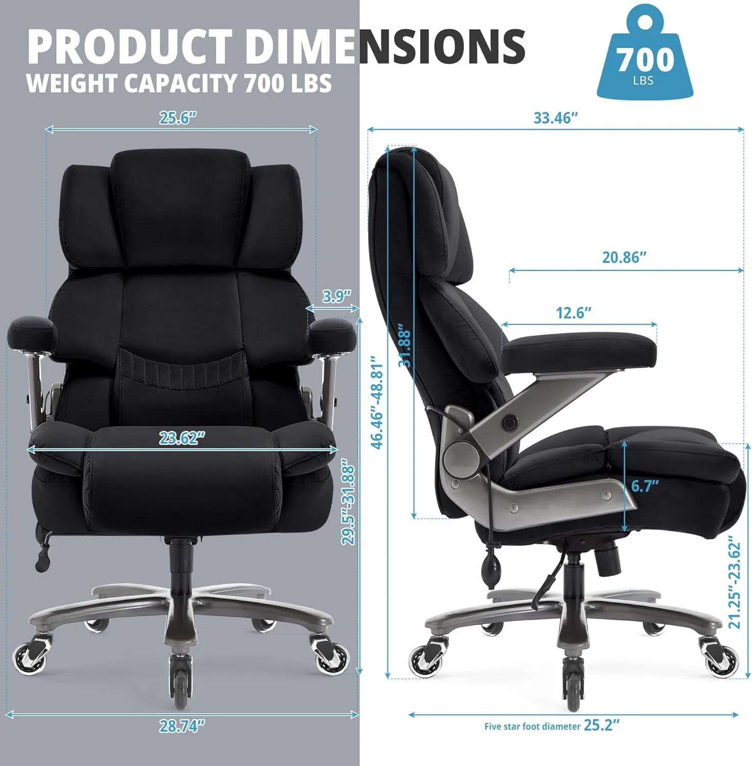 Big and Tall Office Chair 700lbs- Fabric High Back Executive Computer Chair with Adjustable Lumbar Support 3D Flip Arms Plus Size Rubber Wheels- Extra Wide Large Desk Chairs, Heavy Duty Metal Base
