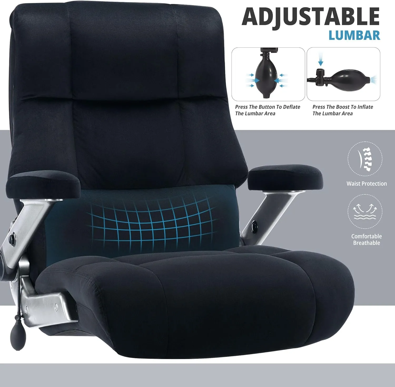 Big and Tall Office Chair 700lbs- Fabric High Back Executive Computer Chair with Adjustable Lumbar Support 3D Flip Arms Plus Size Rubber Wheels- Extra Wide Large Desk Chairs, Heavy Duty Metal Base