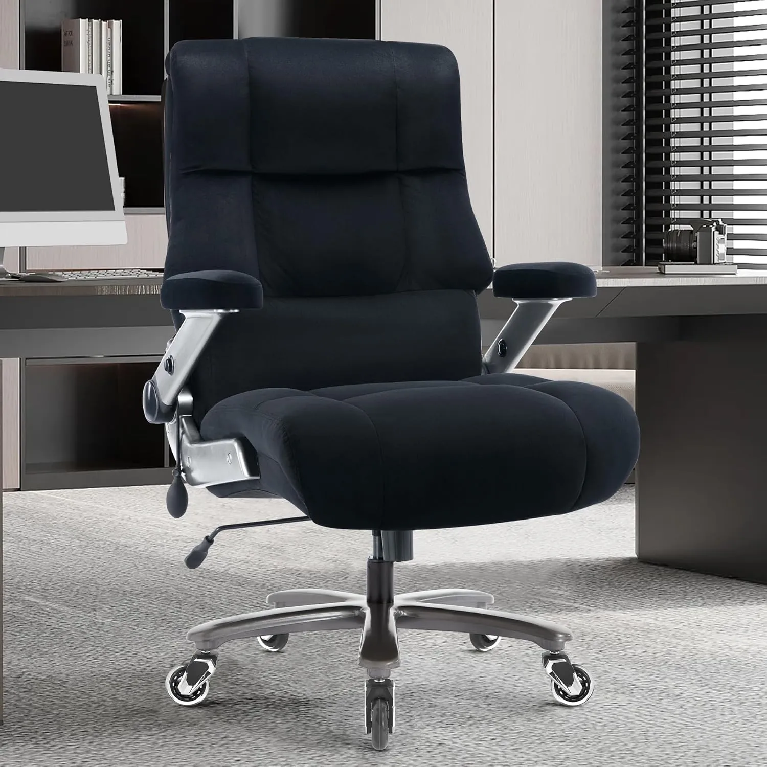 Big and Tall Office Chair 700lbs- Fabric High Back Executive Computer Chair with Adjustable Lumbar Support 3D Flip Arms Plus Size Rubber Wheels- Extra Wide Large Desk Chairs, Heavy Duty Metal Base