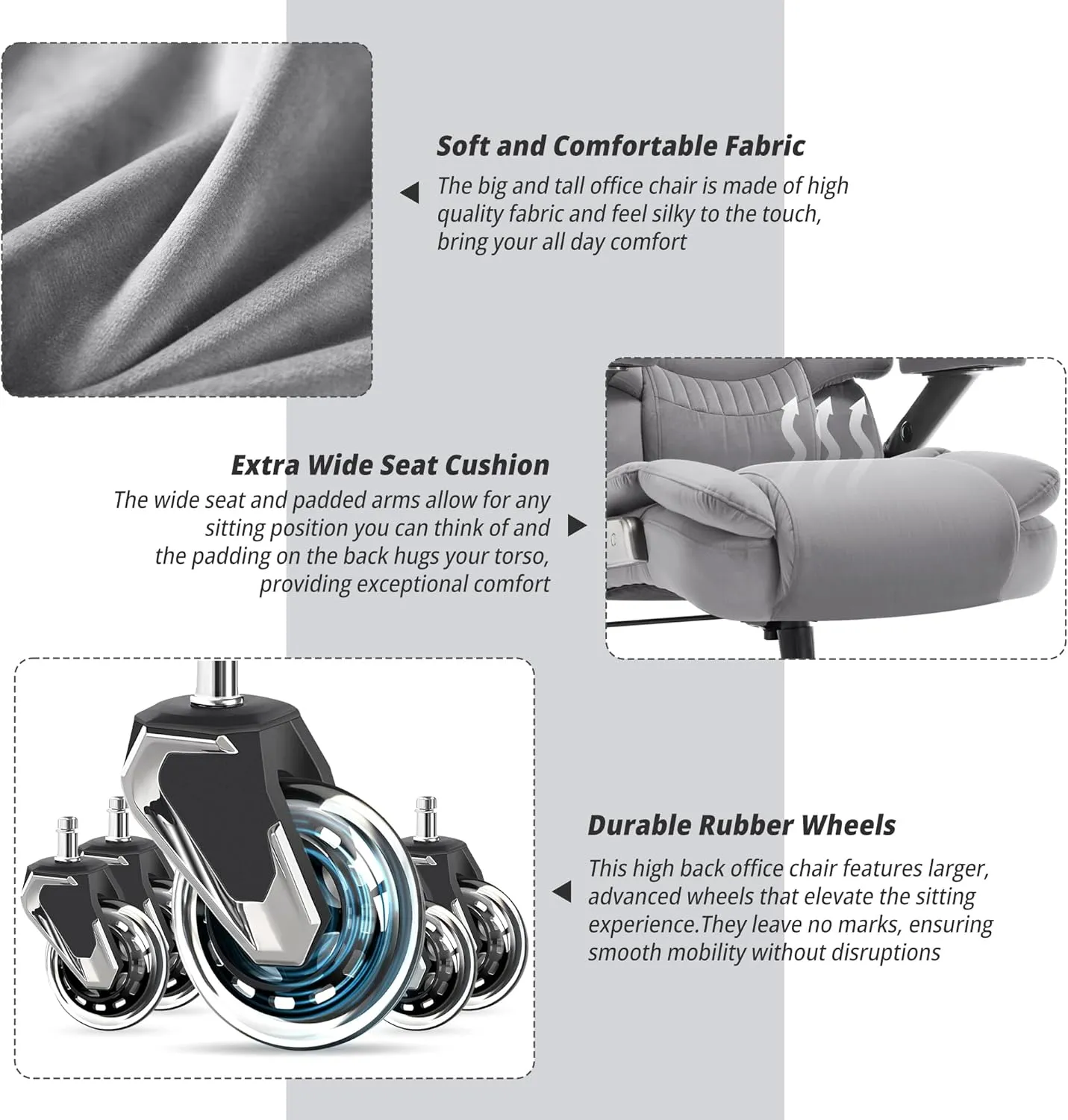 Big and Tall Office Chair 700lbs- Fabric High Back Executive Computer Chair with Adjustable Lumbar Support 3D Flip Arms Plus Size Rubber Wheels- Extra Wide Large Desk Chairs, Heavy Duty Metal Base