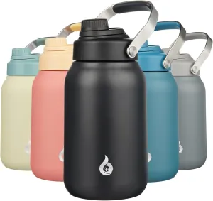 BJPKPK Half Gallon Insulated Water Bottles, 64oz Water Jug with Metal Handle & BPA Free Spout Lid, Dishwasher Safe Thermos, Large Stainless Steel Gym Sport Jugs, Black