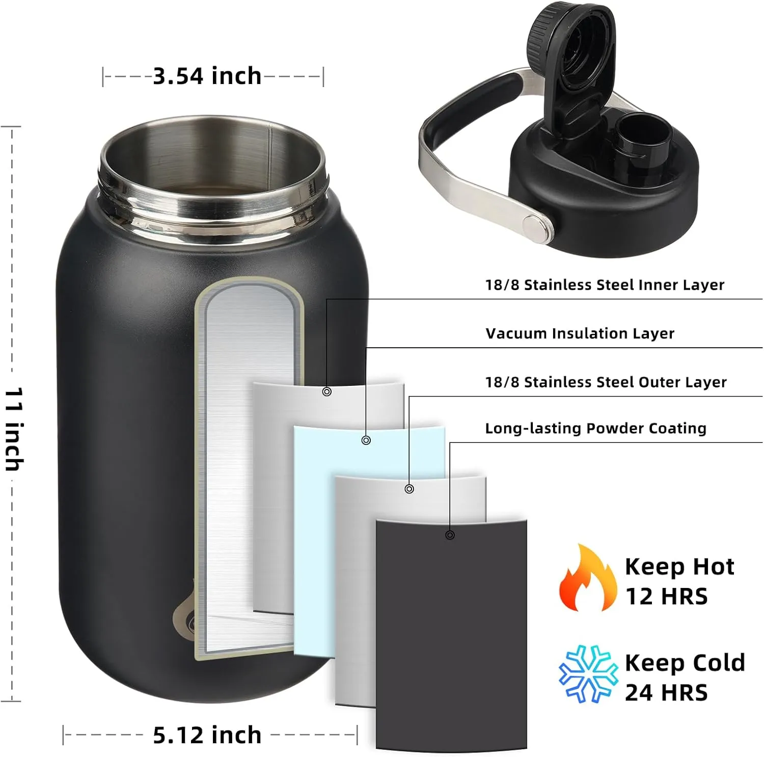 BJPKPK Half Gallon Insulated Water Bottles, 64oz Water Jug with Metal Handle & BPA Free Spout Lid, Dishwasher Safe Thermos, Large Stainless Steel Gym Sport Jugs, Black