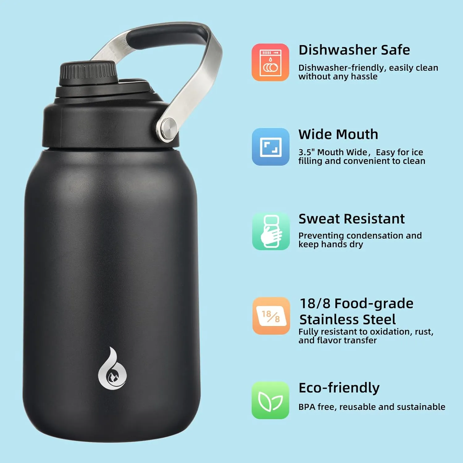 BJPKPK Half Gallon Insulated Water Bottles, 64oz Water Jug with Metal Handle & BPA Free Spout Lid, Dishwasher Safe Thermos, Large Stainless Steel Gym Sport Jugs, Black
