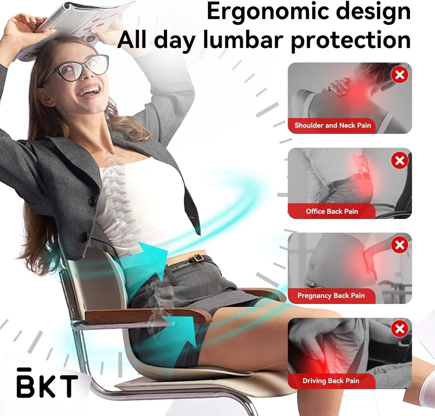 BKT Lumbar Support Seat Cushions Oversized Edition Engoromic Office Chair for Students Office Workers Nursing Mothers Long Sitting Outdoor Fishing Floor Chair (Black, Standard Edition)