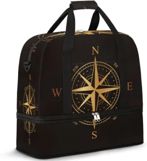 Black And Gold Compass Travel Duffle Bag, Large Sports Gym Bag with Shoe Compartment, Carry on Tote Bag, Foldable Weekender Overnight Bag for Women Men