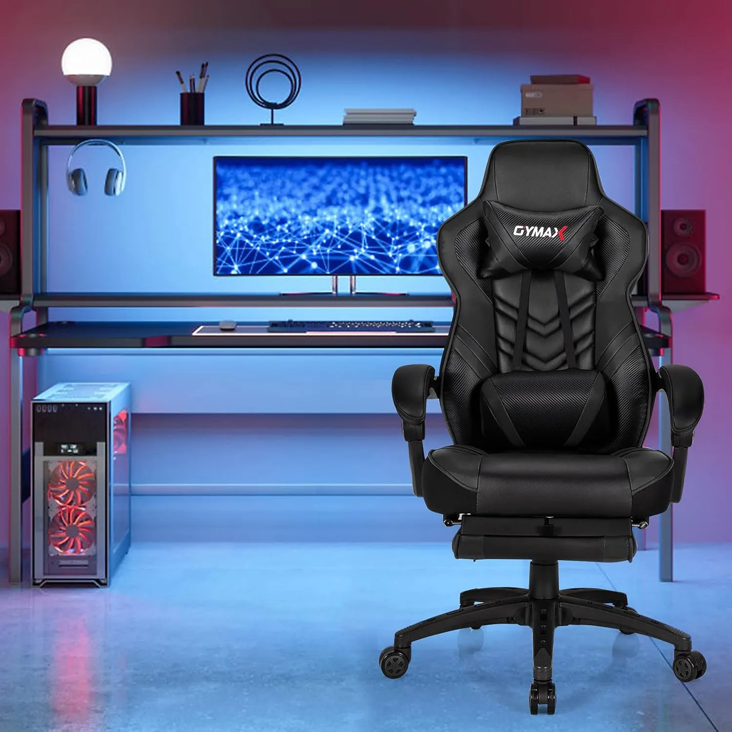 Black Gaming Chair Ergonomic Computer Chair for Adults Teens Reclining Gamer Chair High Back Game Chair Racing Style Desk Chair with Retractable Footrest, Lumbar Support and Headrest
