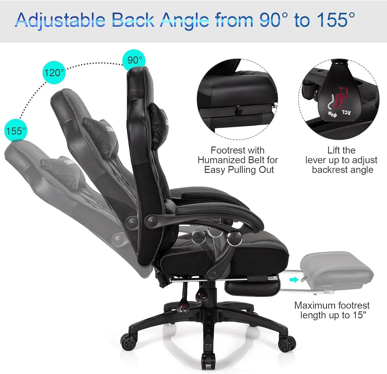 Black Gaming Chair Ergonomic Computer Chair for Adults Teens Reclining Gamer Chair High Back Game Chair Racing Style Desk Chair with Retractable Footrest, Lumbar Support and Headrest