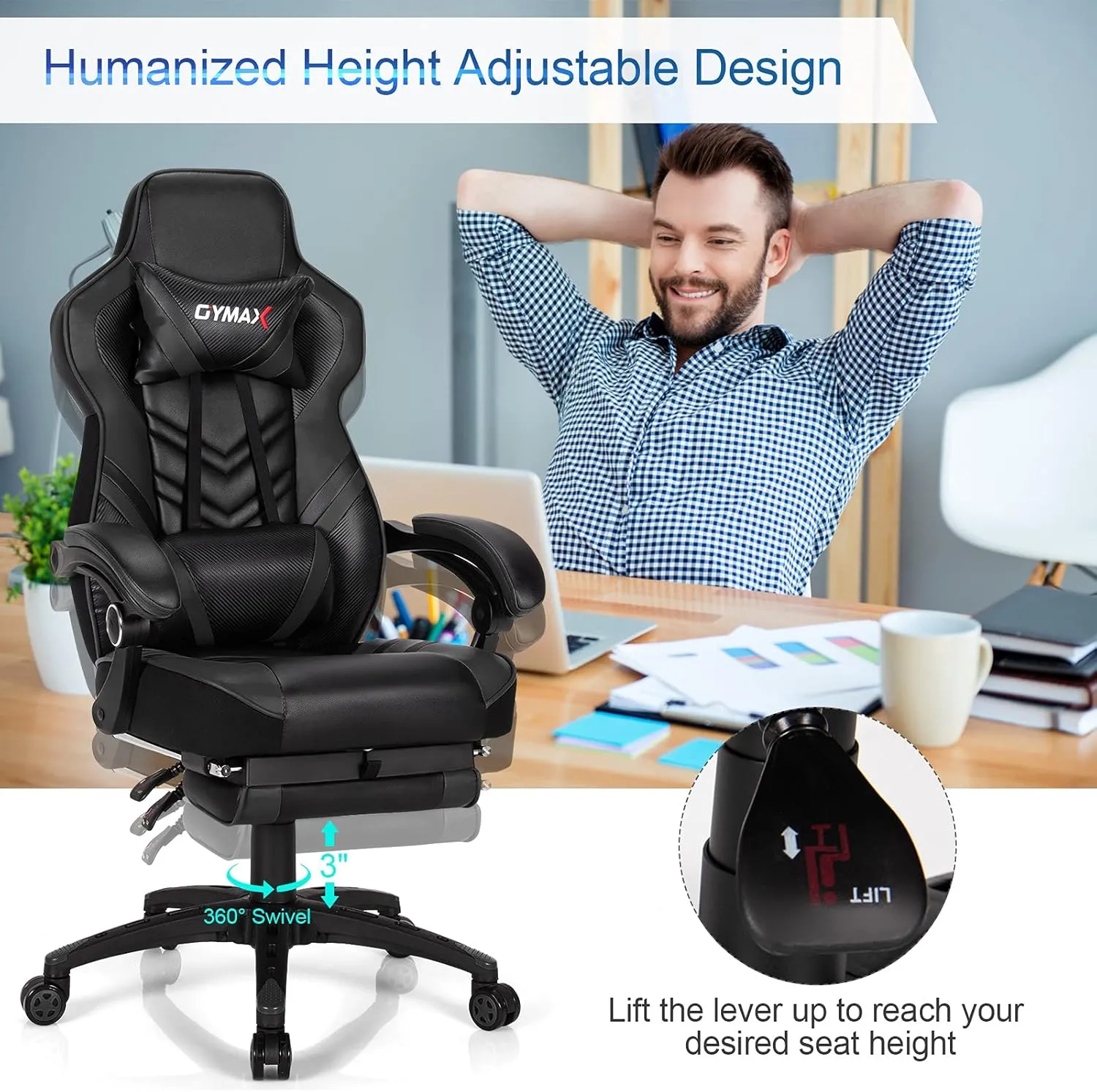 Black Gaming Chair Ergonomic Computer Chair for Adults Teens Reclining Gamer Chair High Back Game Chair Racing Style Desk Chair with Retractable Footrest, Lumbar Support and Headrest