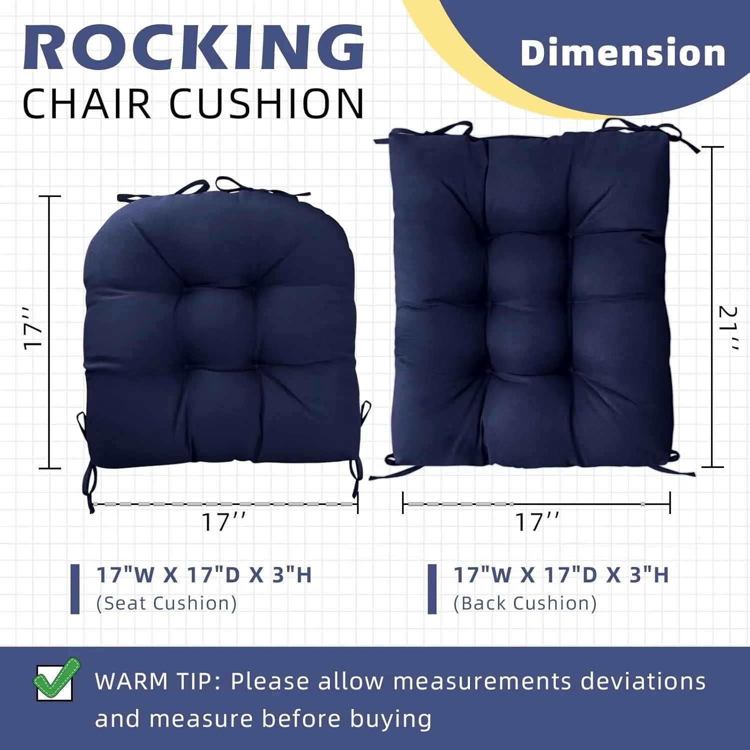 Black Patio Outdoor Indoor Rocking Chair Cushions Set of 1 Replacement Cushions for Chairs Waterproof Seat Pads for Porch, Deck, Garden Seats
