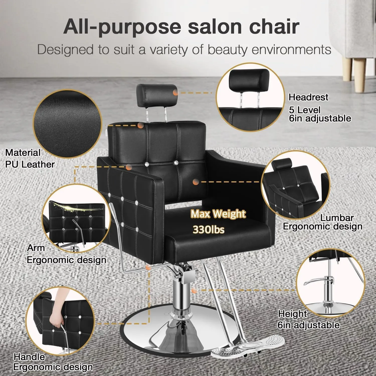 Black Reclining Salon Chair, Barber Chairs for Barbershop Home, Salon Chair for Hair Stylist, Styling Chairs Heavy Duty Hydraulic Pump, Adjustable Height & Removable Headrest, Crystal Button