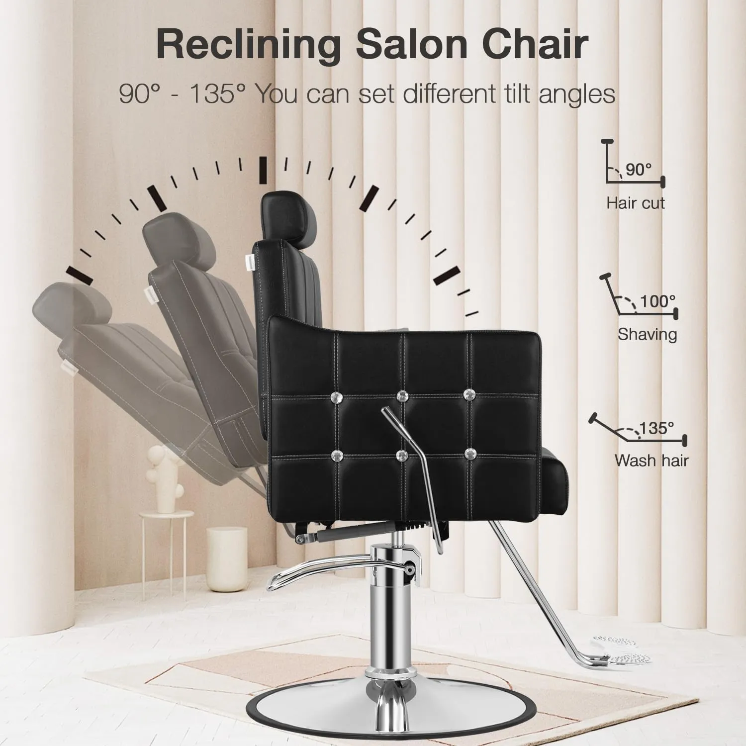Black Reclining Salon Chair, Barber Chairs for Barbershop Home, Salon Chair for Hair Stylist, Styling Chairs Heavy Duty Hydraulic Pump, Adjustable Height & Removable Headrest, Crystal Button