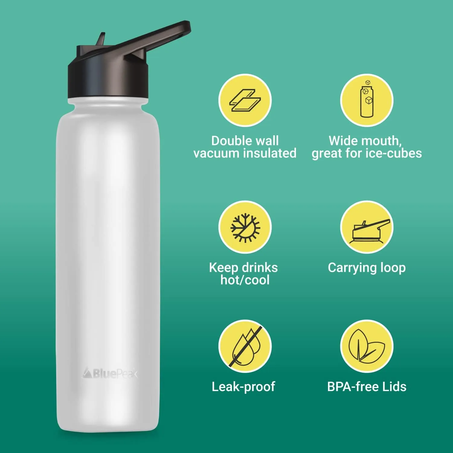 BluePeak Double Wall Insulated Stainless Steel Water Bottle With Straw - 24 Oz Wide Mouth Flask Thermos With Handle & Extra Lid, Keeps Drink Cold Or Hot For Sports, Hiking, Workout (White)