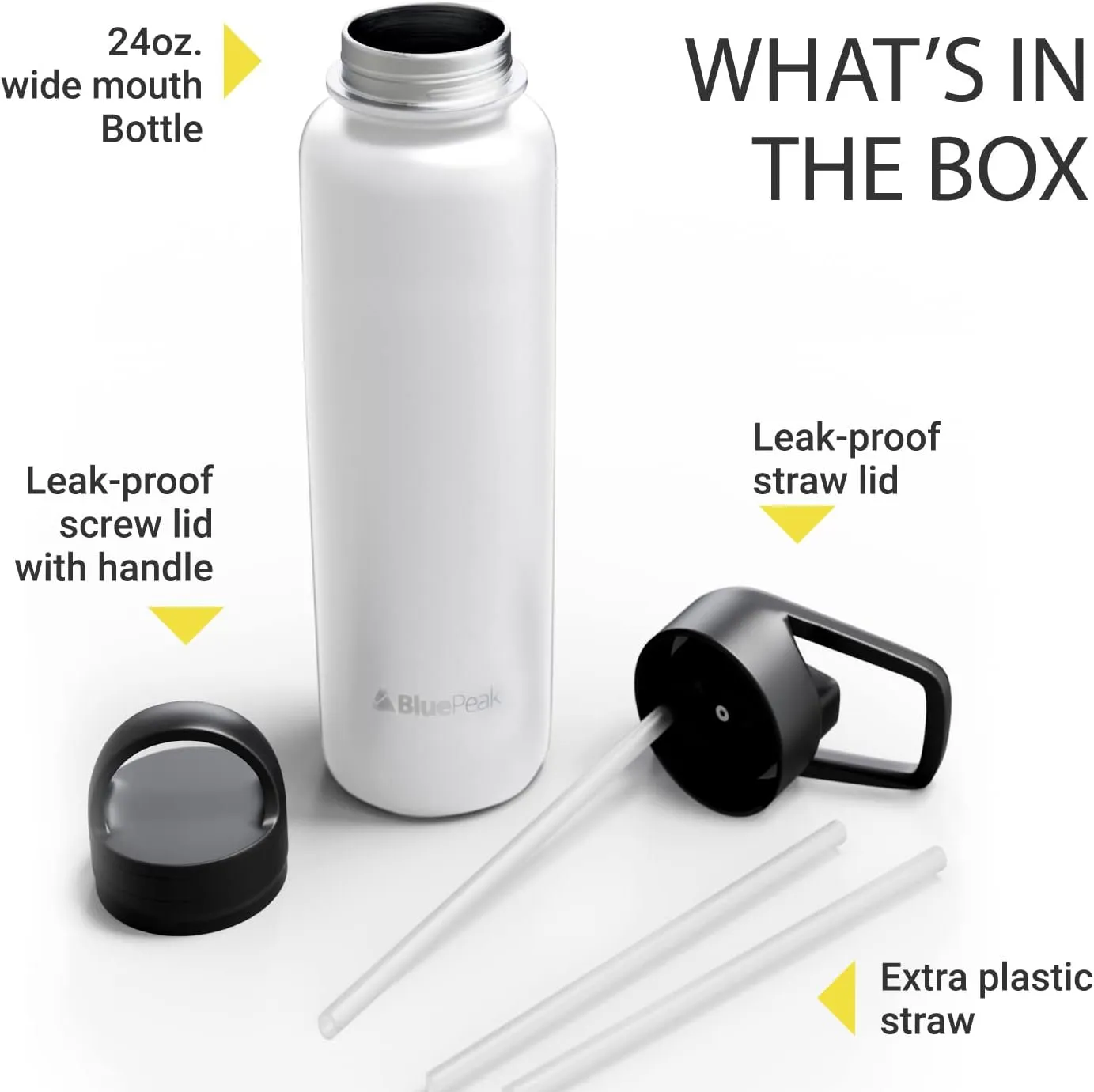BluePeak Double Wall Insulated Stainless Steel Water Bottle With Straw - 24 Oz Wide Mouth Flask Thermos With Handle & Extra Lid, Keeps Drink Cold Or Hot For Sports, Hiking, Workout (White)