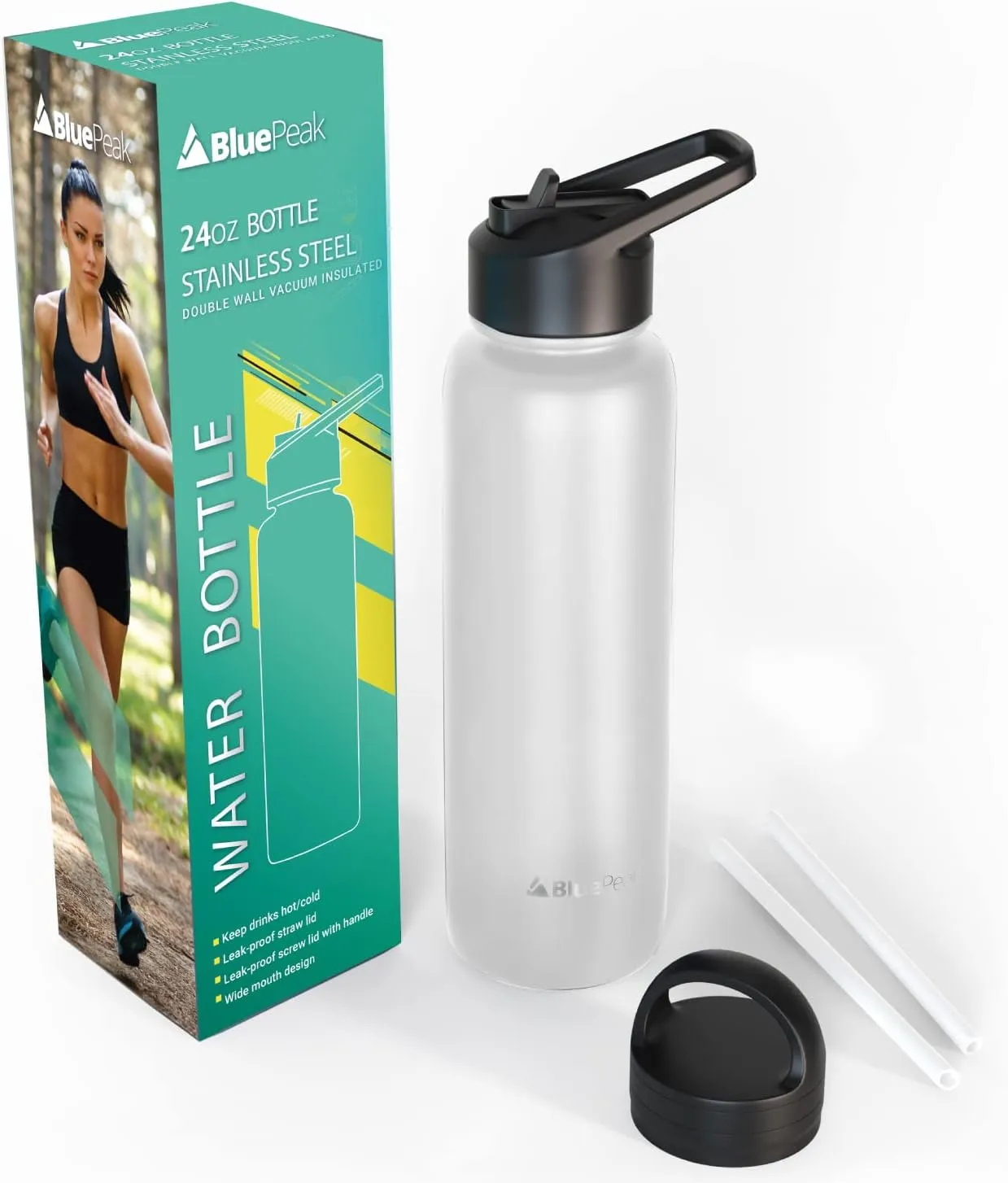 BluePeak Double Wall Insulated Stainless Steel Water Bottle With Straw - 24 Oz Wide Mouth Flask Thermos With Handle & Extra Lid, Keeps Drink Cold Or Hot For Sports, Hiking, Workout (White)