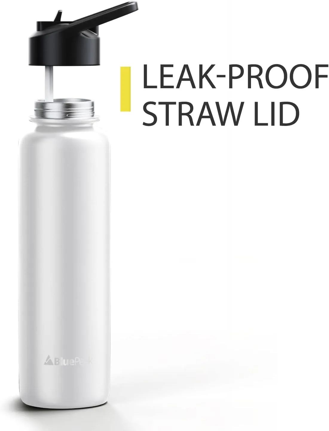 BluePeak Double Wall Insulated Stainless Steel Water Bottle With Straw - 24 Oz Wide Mouth Flask Thermos With Handle & Extra Lid, Keeps Drink Cold Or Hot For Sports, Hiking, Workout (White)