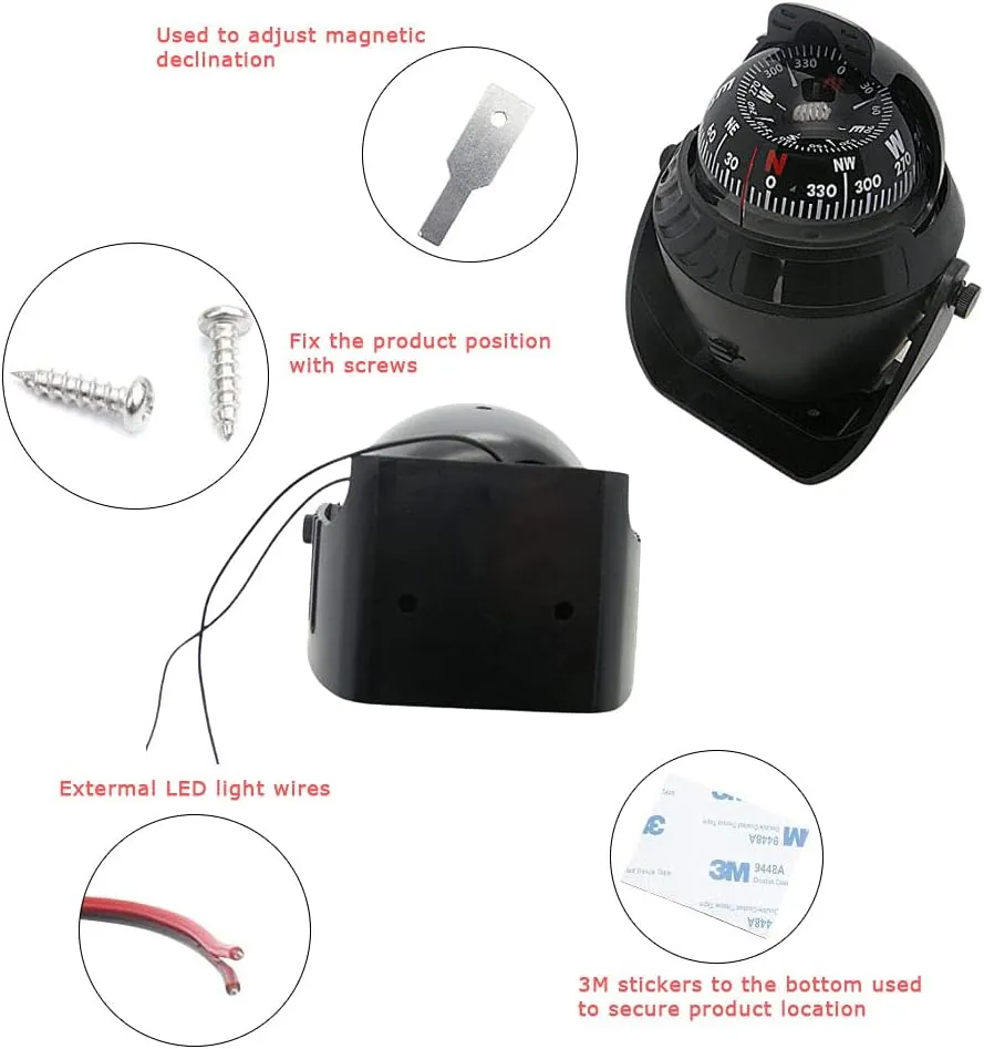 Boat Car Caravan Truck Compass Sea Marine Electronic Navigation Bracket Mount Backlight Compass,Dashboard Compass Night Visible with Light,Fits for Car,Watercraft,Boat,Caravan
