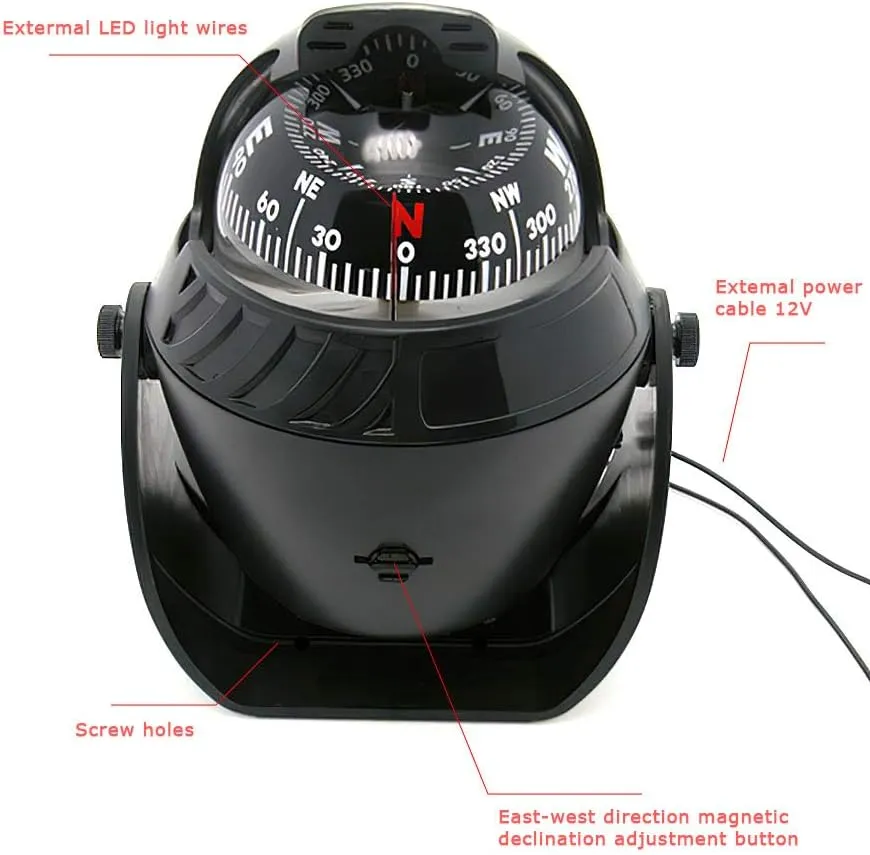 Boat Car Caravan Truck Compass Sea Marine Electronic Navigation Bracket Mount Backlight Compass,Dashboard Compass Night Visible with Light,Fits for Car,Watercraft,Boat,Caravan